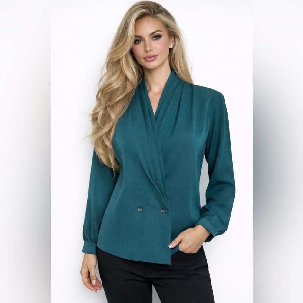 Bryan Blouse Size 12 Teal Green Pleated V Neck Long Sleeve Career Top
